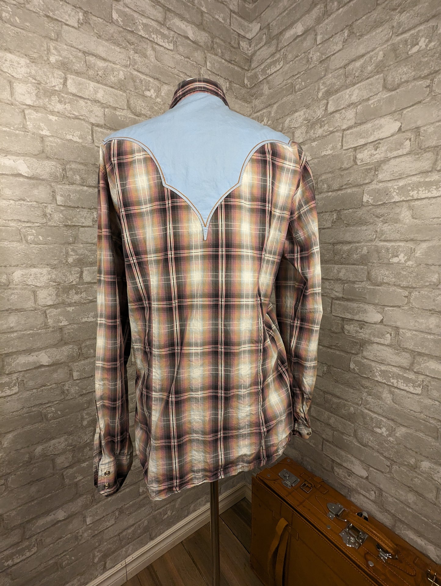 Chambray and pink plaid western shirt