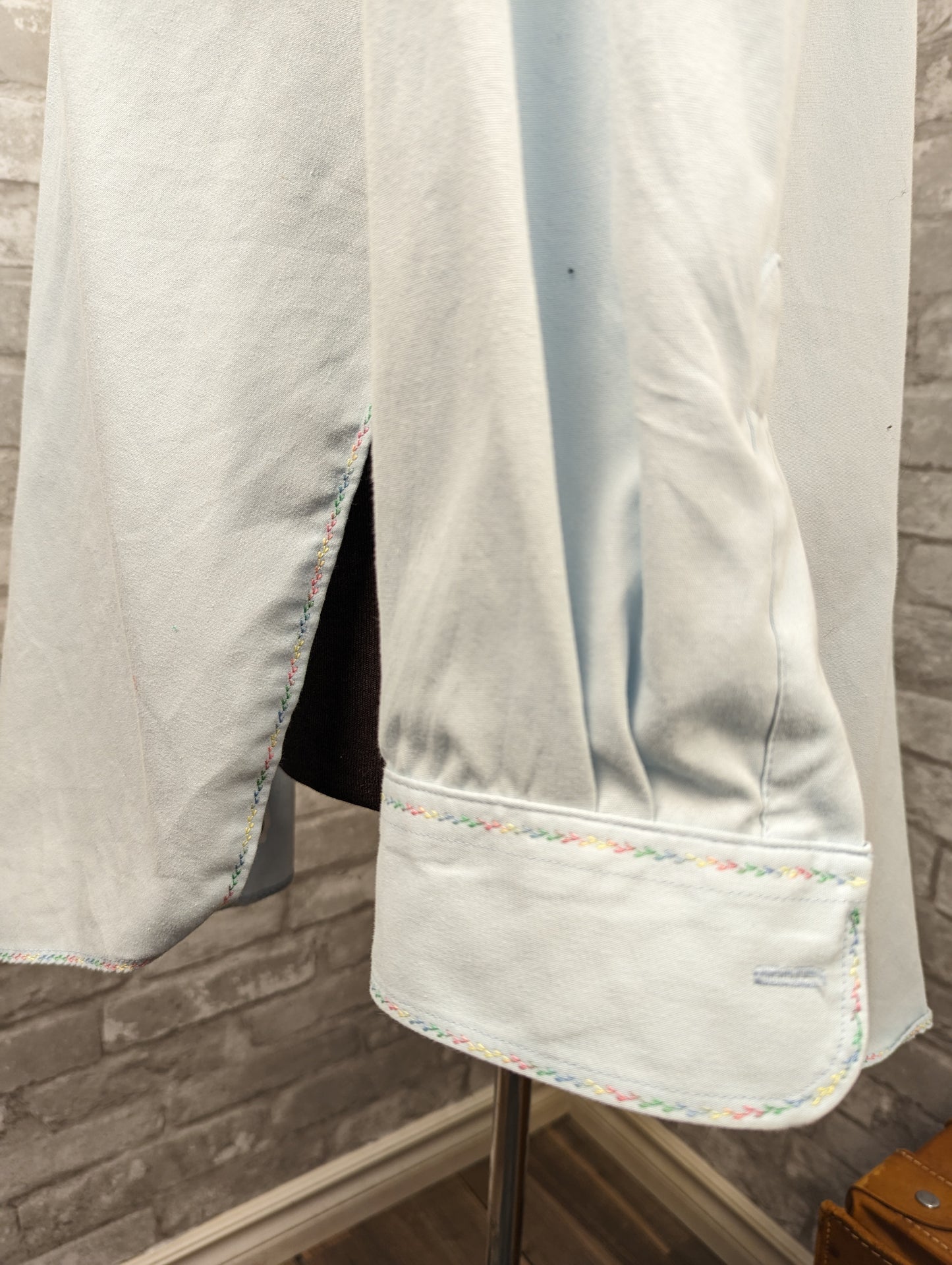 Upcycled vintage military Canadian Airforce shirt with rainbow embroidery detail