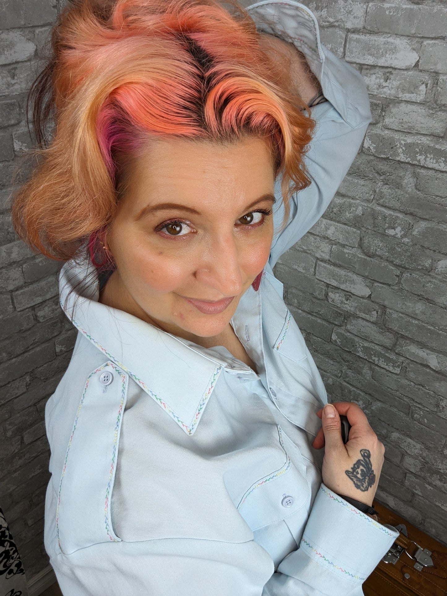 Upcycled vintage military Canadian Airforce shirt with rainbow embroidery detail