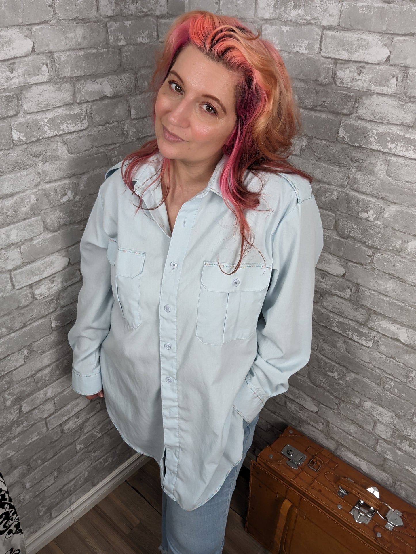 Upcycled vintage military Canadian Airforce shirt with rainbow embroidery detail