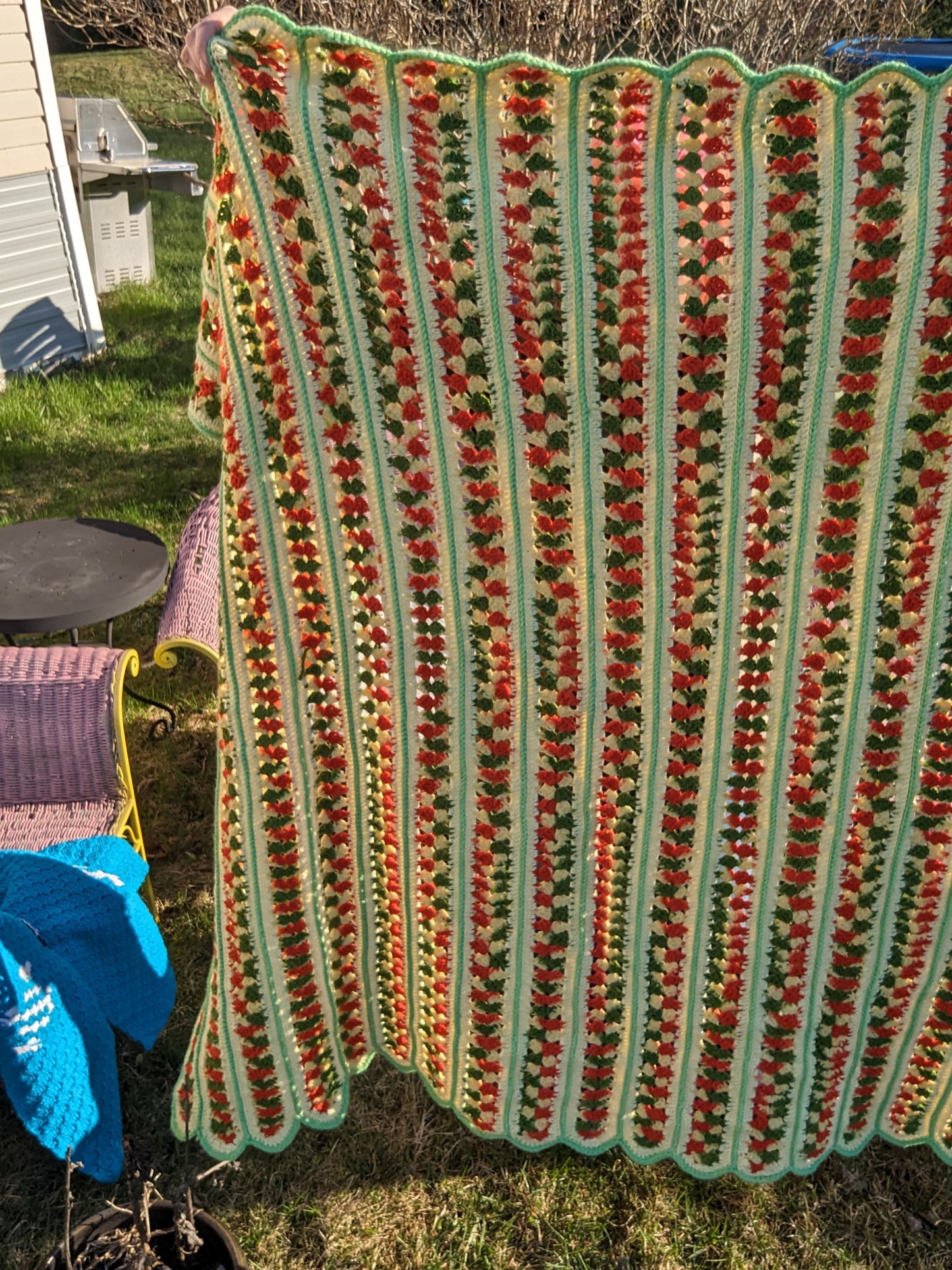 Vintage green and orange handknitted granny blanket