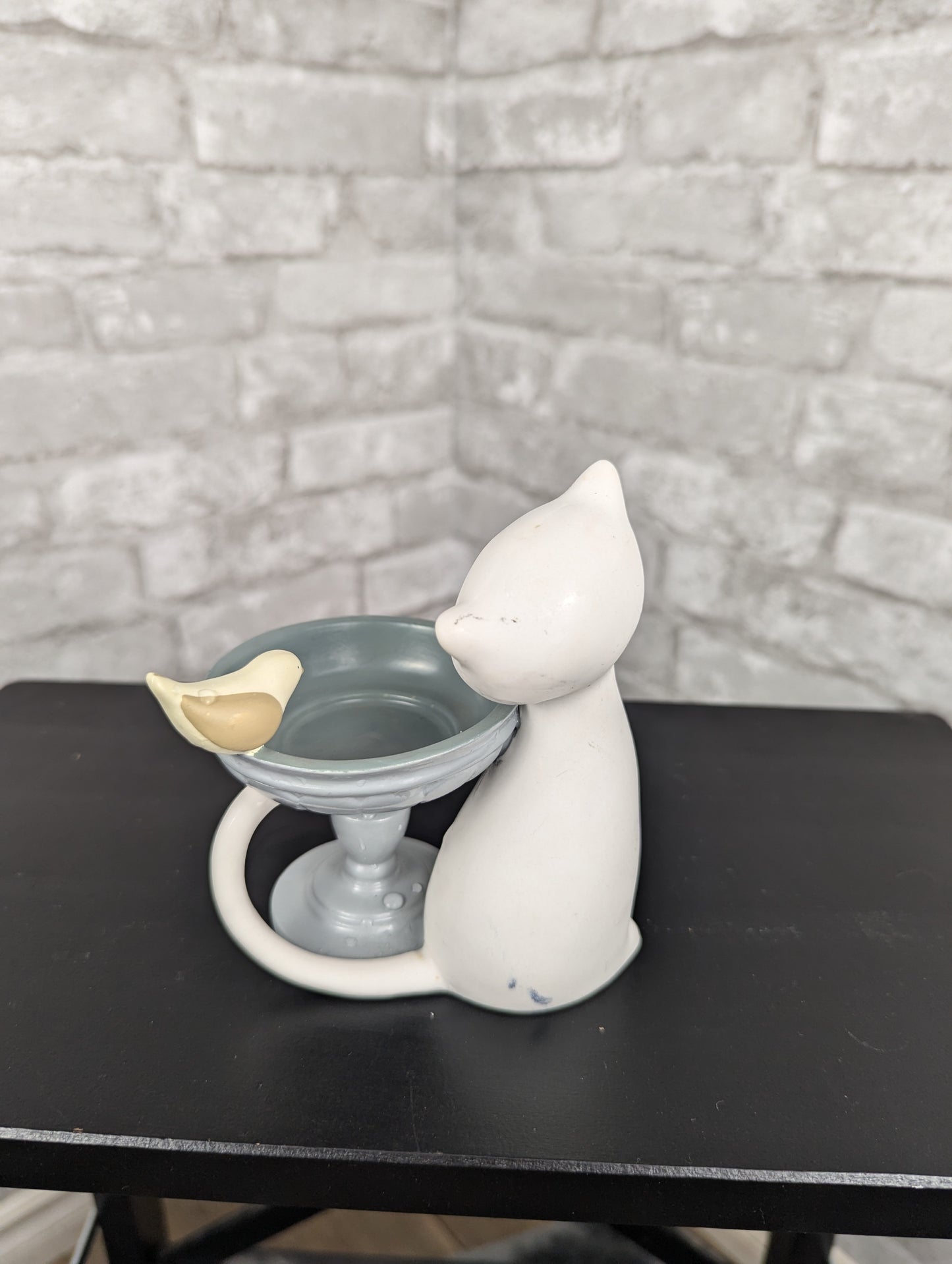 Partylite Garden Diva Holt Howard white cat & birdbath tea light candle holder