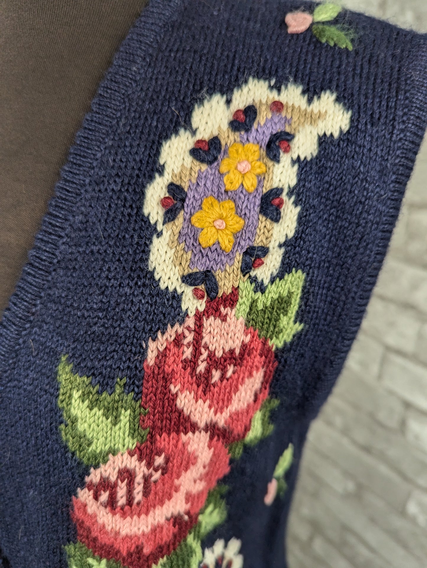 Vintage hand embroidered floral navy vest