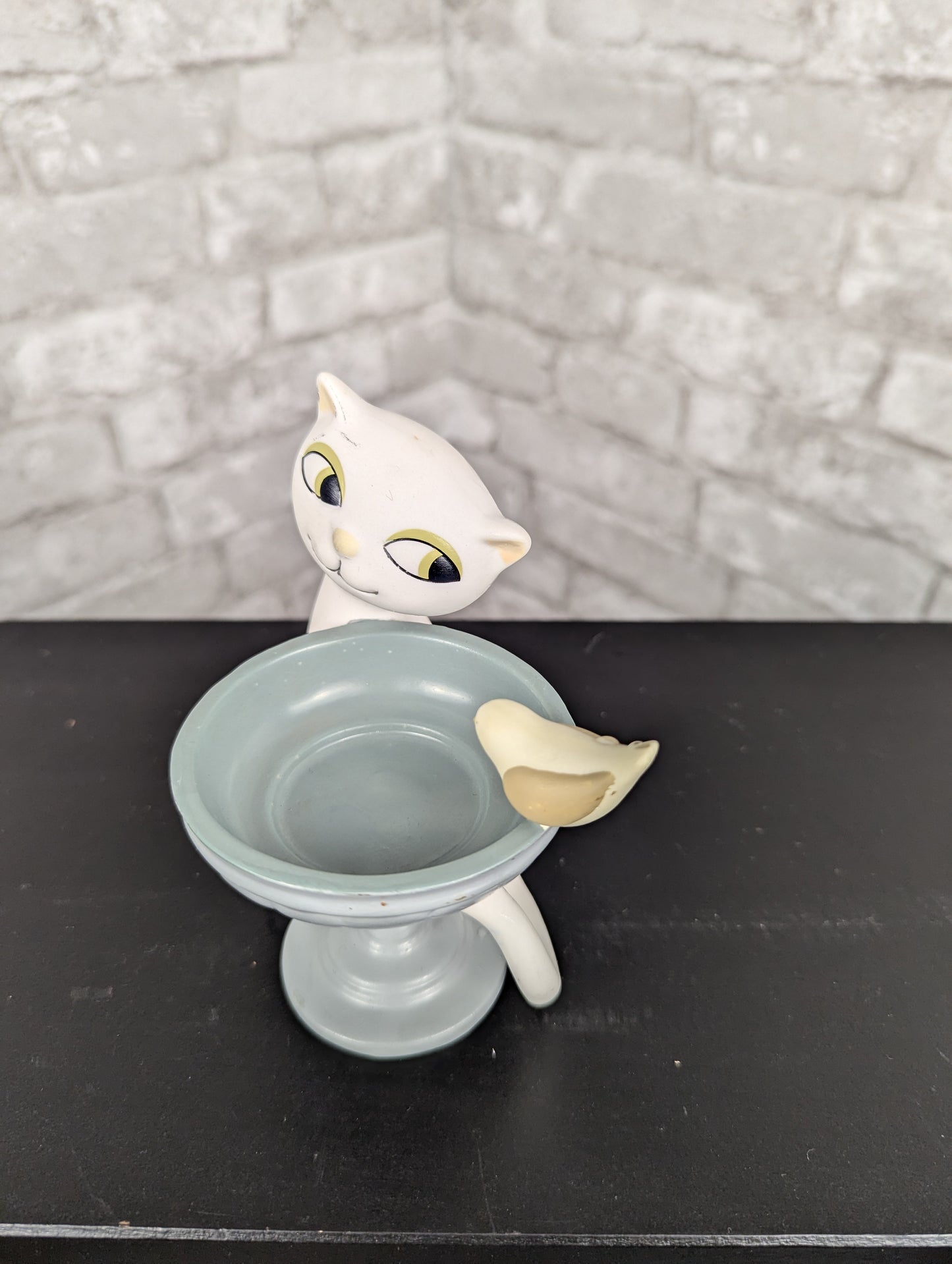 Partylite Garden Diva Holt Howard white cat & birdbath tea light candle holder