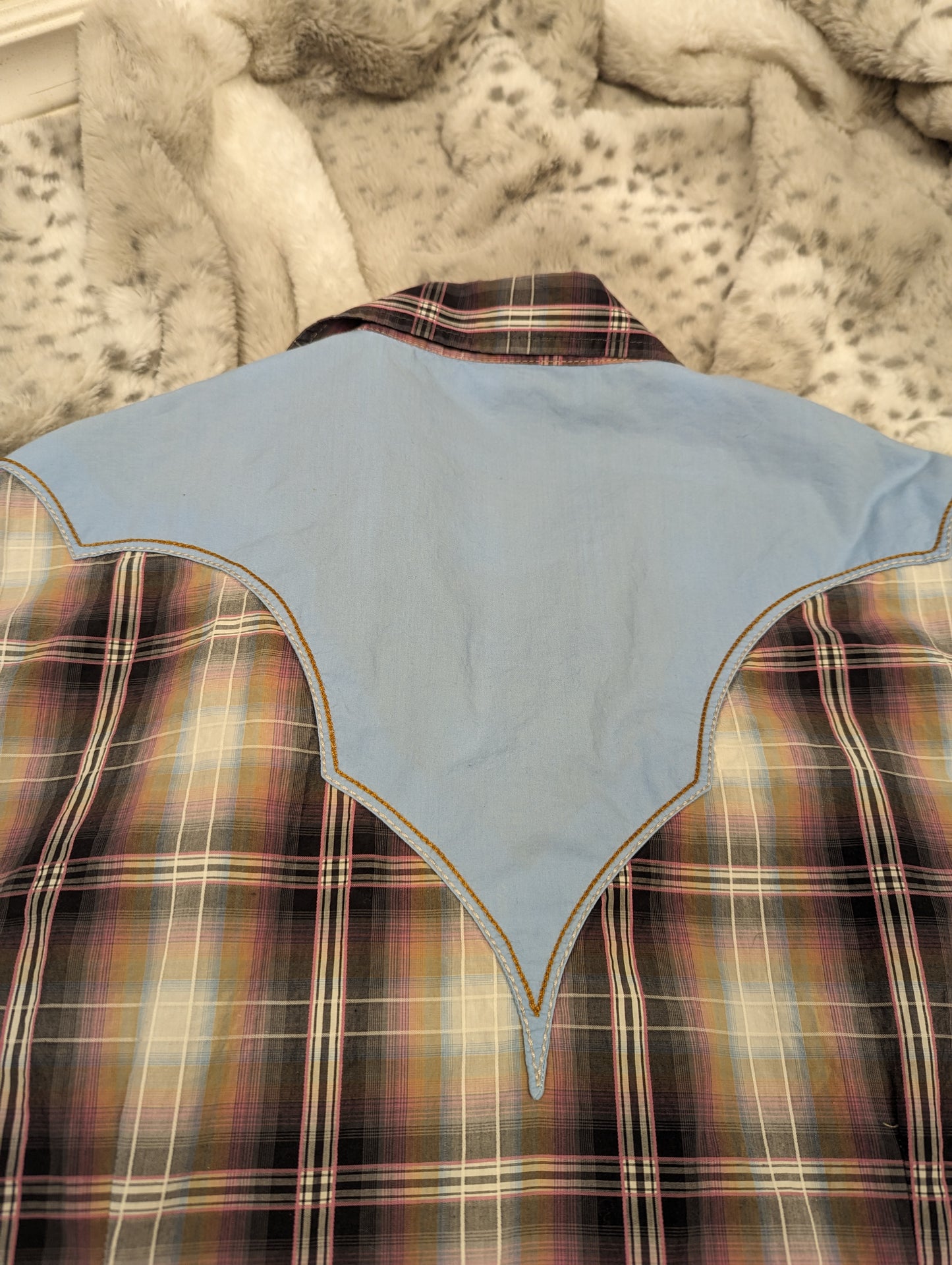 Chambray and pink plaid western shirt