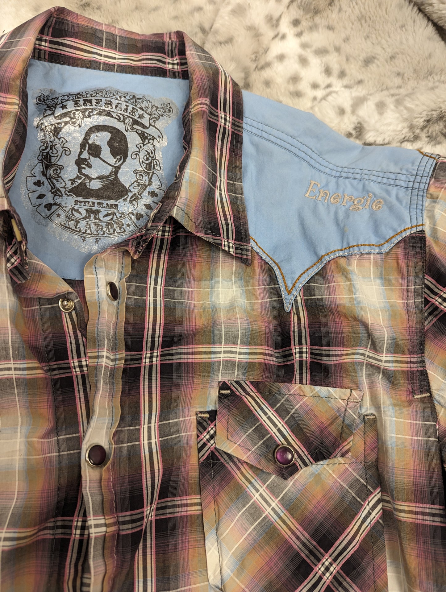 Chambray and pink plaid western shirt
