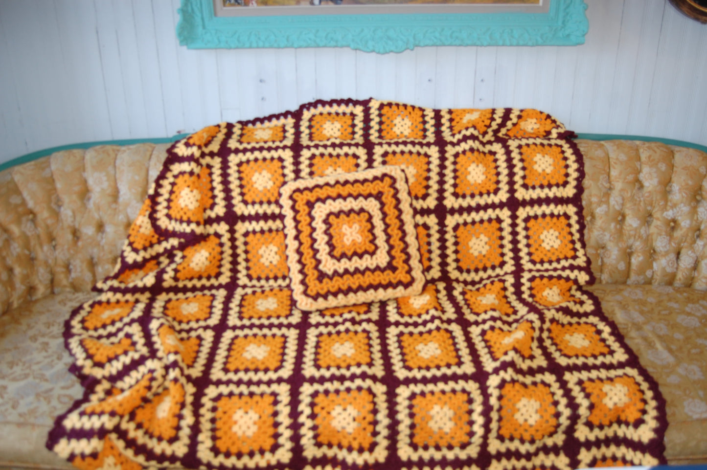 Vintage orange, yellow and brown granny boho handknitted blanket throw