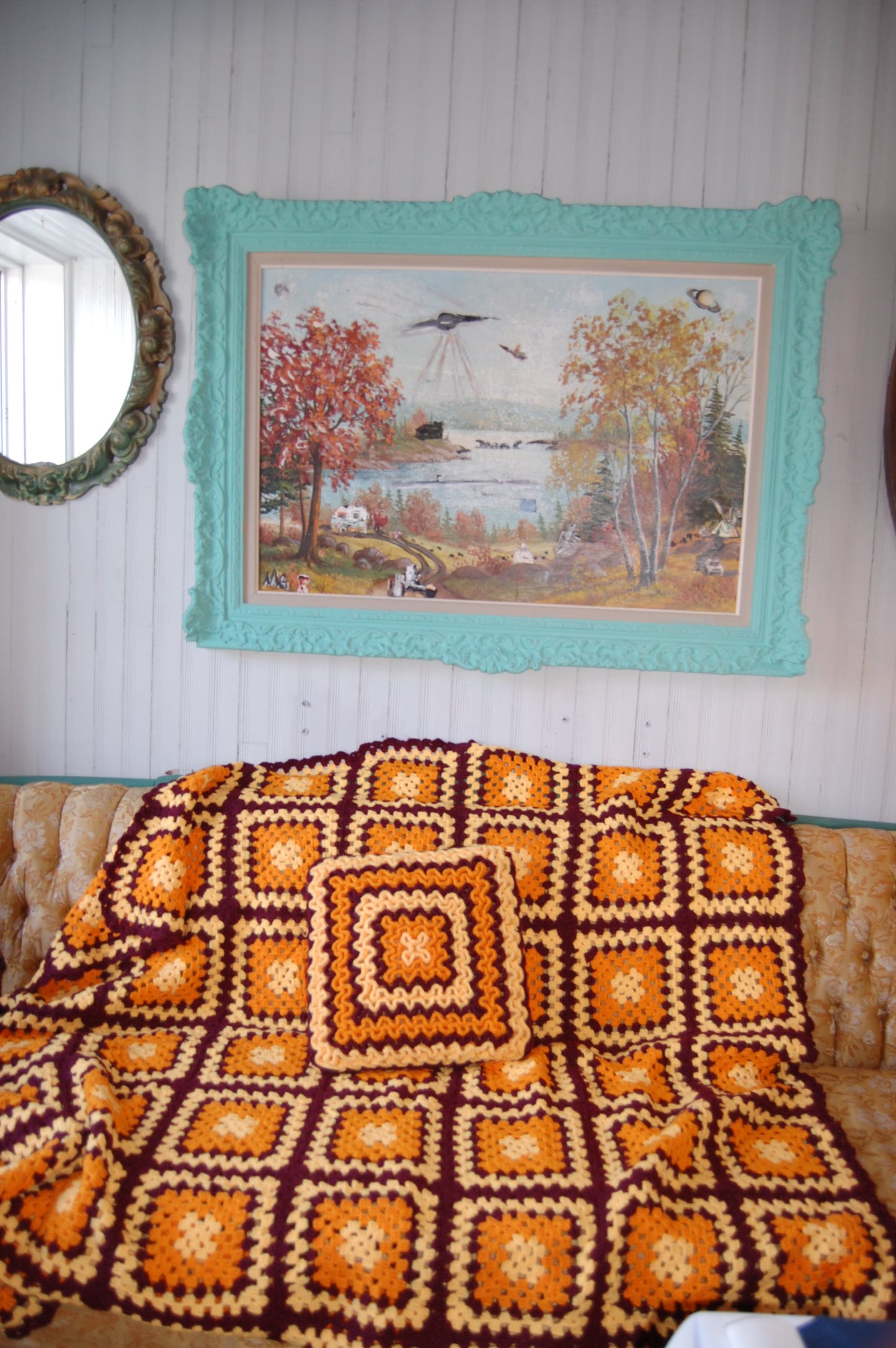 Vintage orange, yellow and brown granny boho handknitted blanket throw