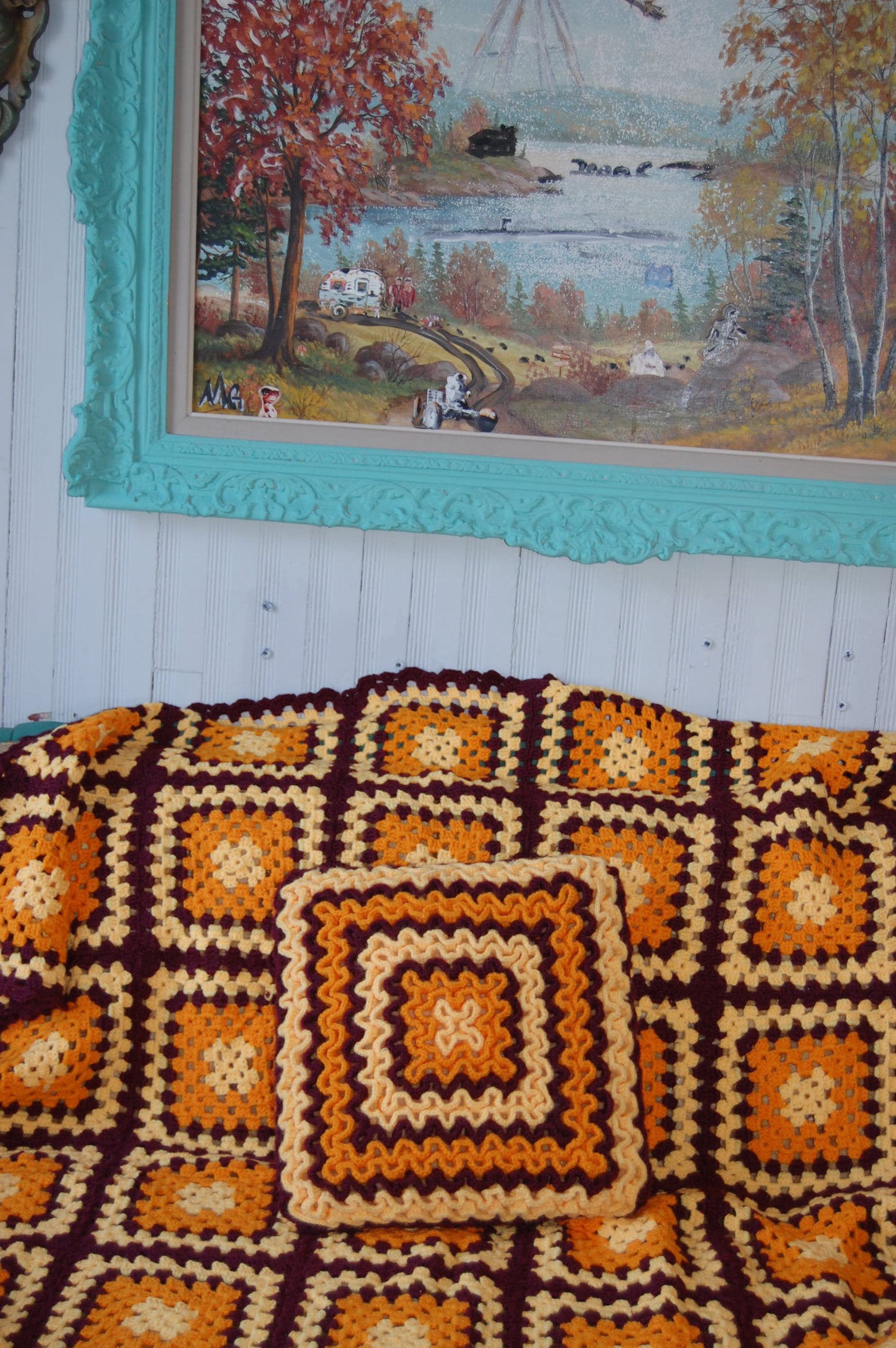 Vintage orange, yellow and brown granny boho handknitted blanket throw