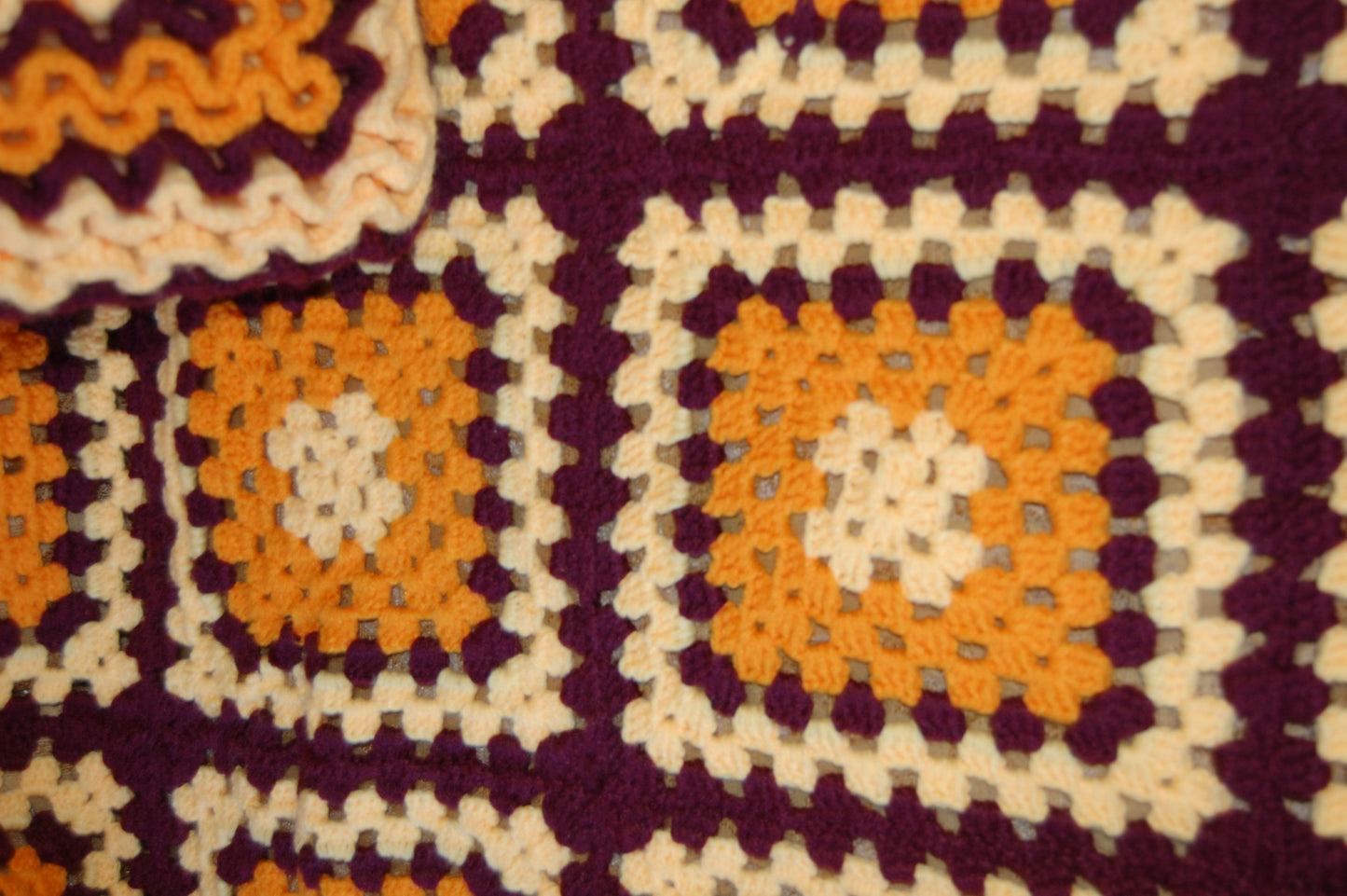 Vintage orange, yellow and brown granny boho handknitted blanket throw