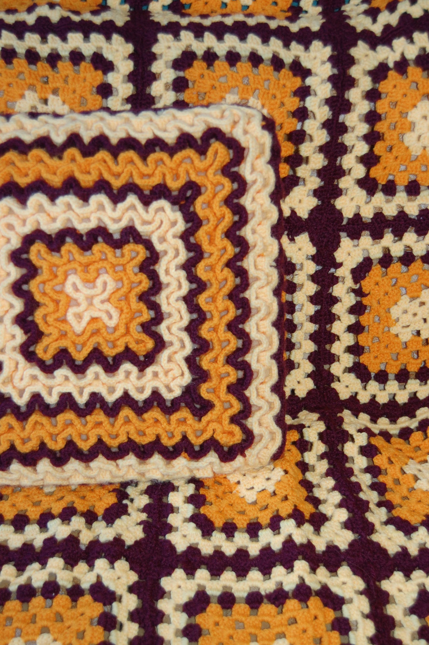 Vintage orange, yellow and brown granny boho handknitted blanket throw