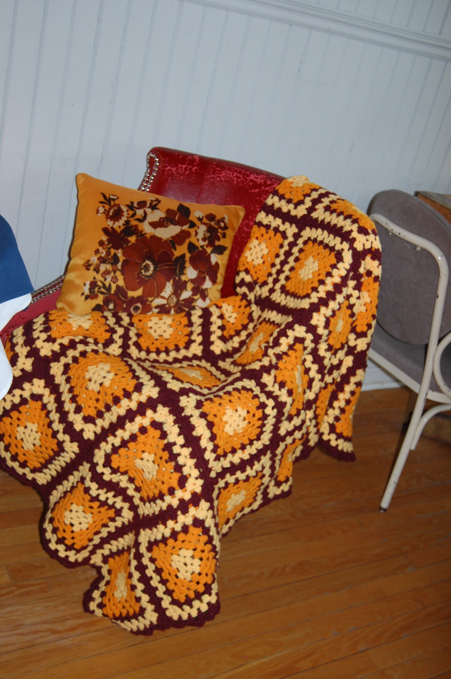 Vintage orange, yellow and brown granny boho handknitted blanket throw