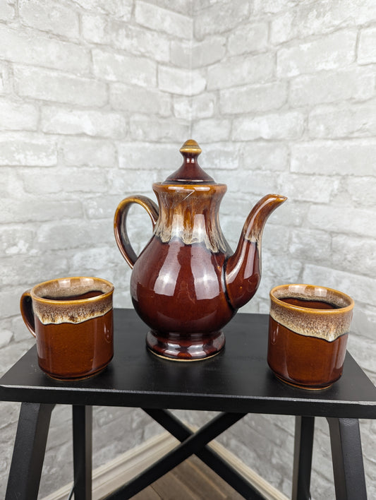 Vintage brown drip glaze pottery tea set with 2 cups