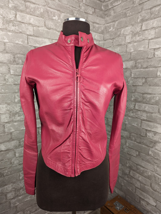 Vintage pink Y2K leather biker moto jacket