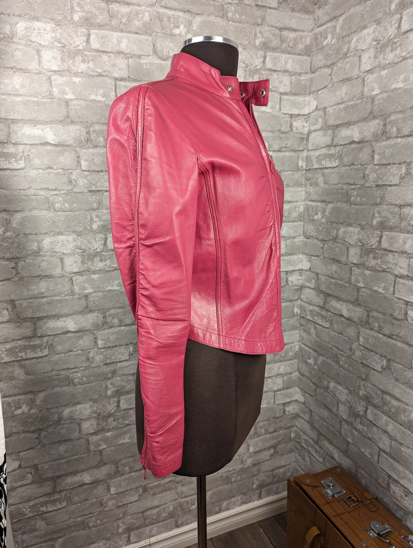 Vintage pink Y2K leather biker moto jacket