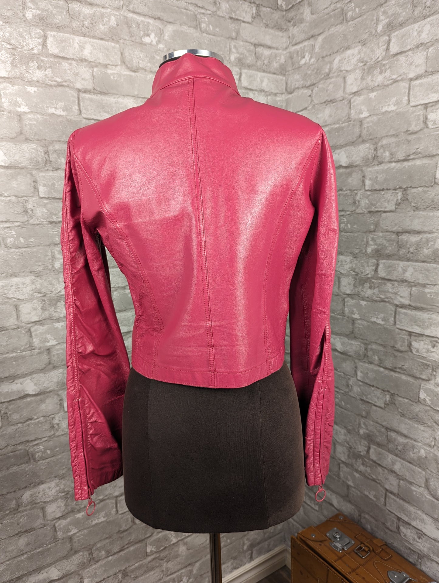 Vintage pink Y2K leather biker moto jacket