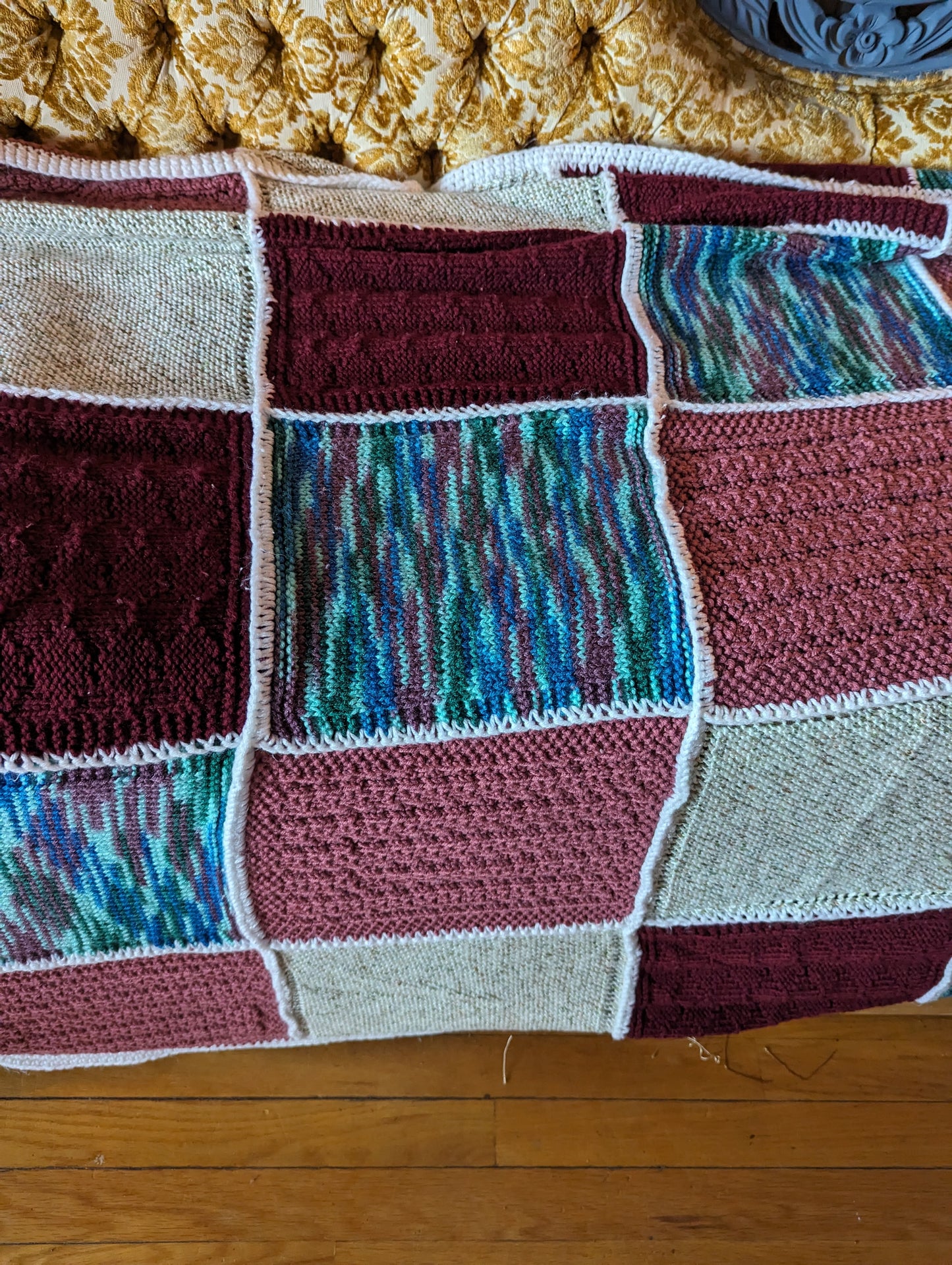 Vintage patchwork handknitted granny couch blanket