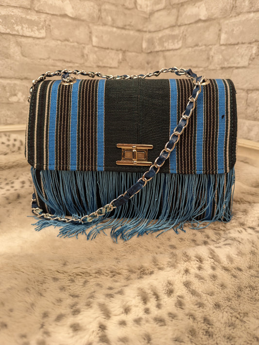 Blue striped fringe handbag