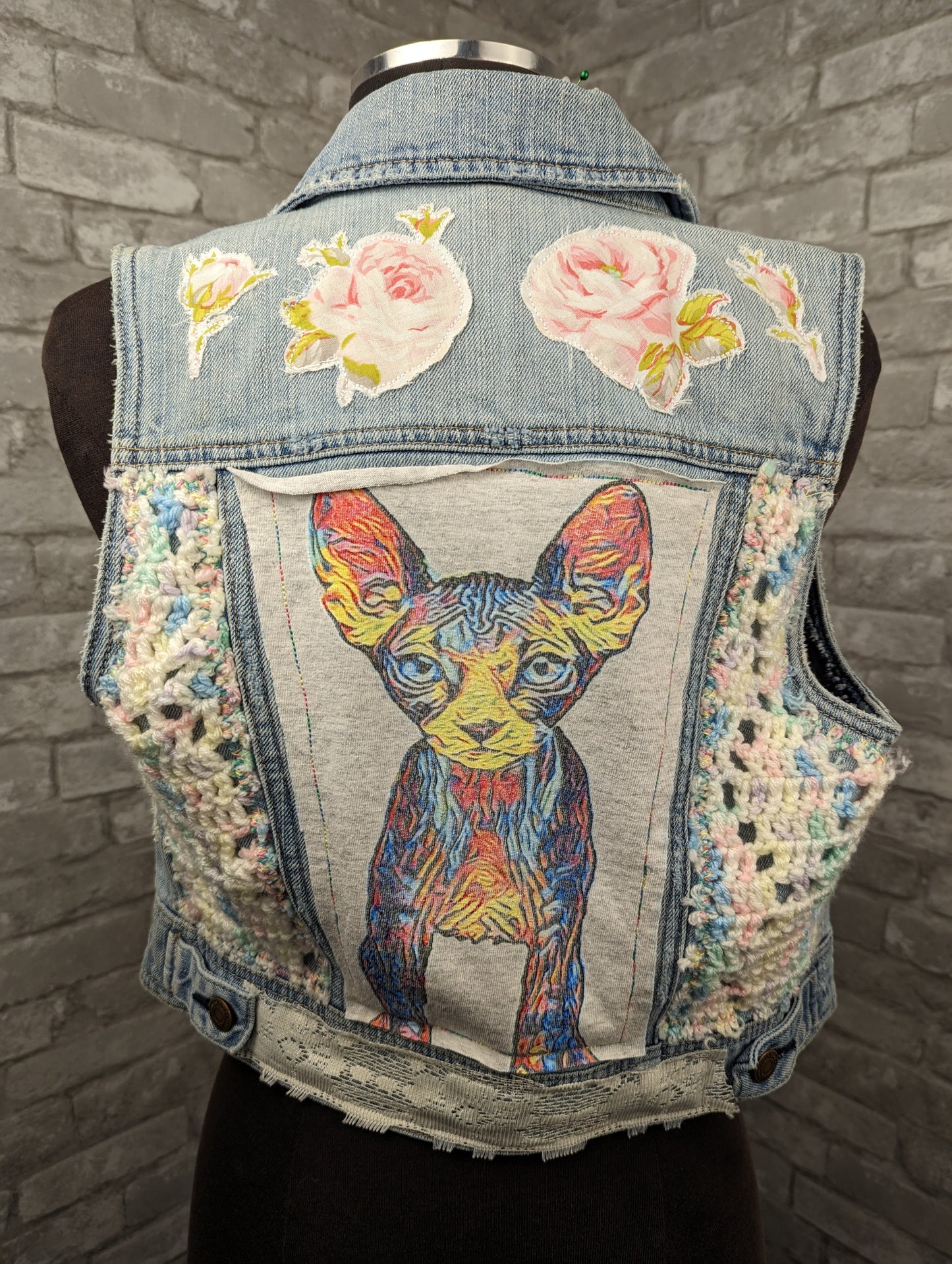 Upcycle by Retrosmith Rainbow sphinx, crochet & vintage linen patch appliqués jean vest