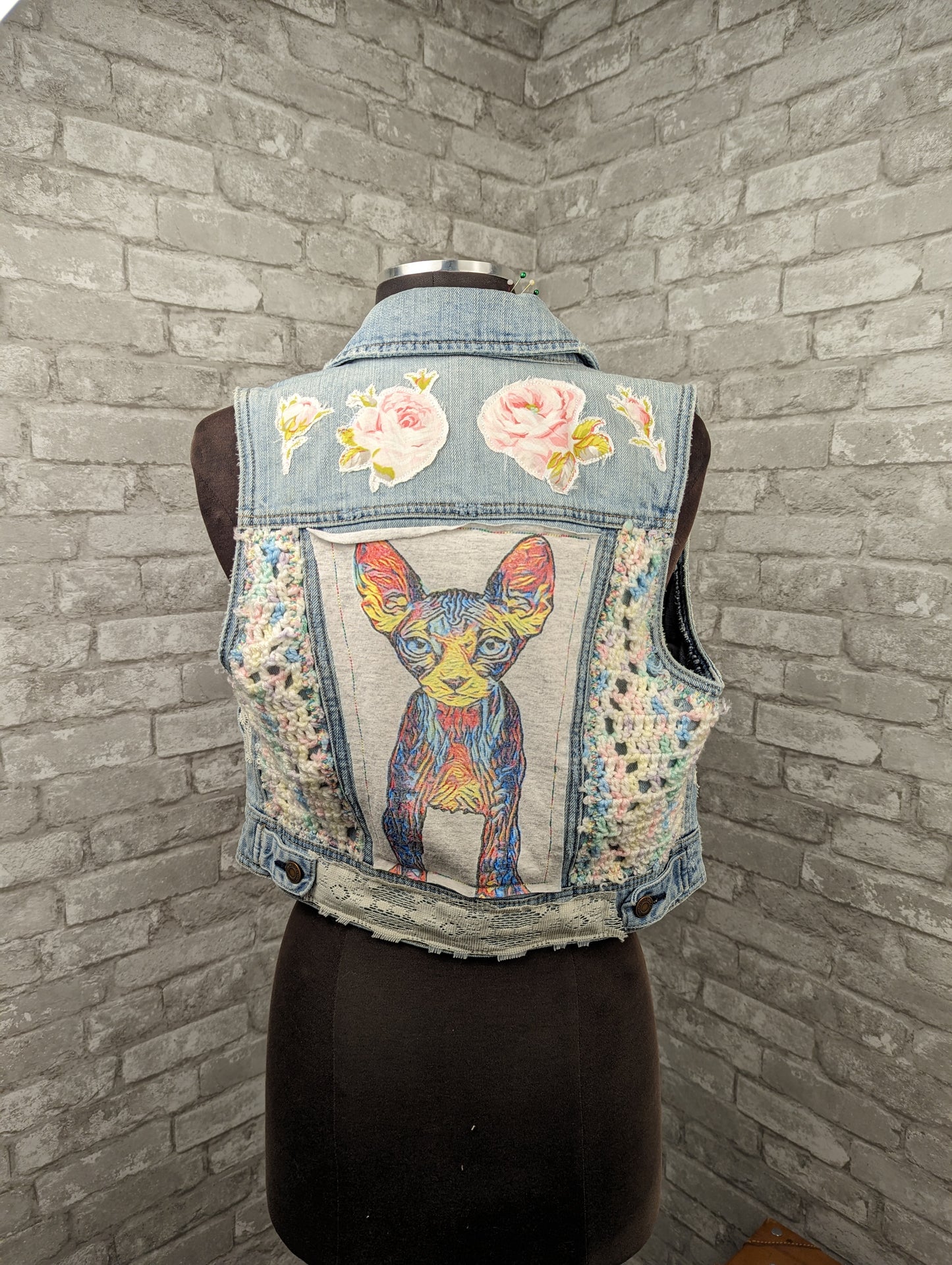 Upcycle by Retrosmith Rainbow sphinx, crochet & vintage linen patch appliqués jean vest