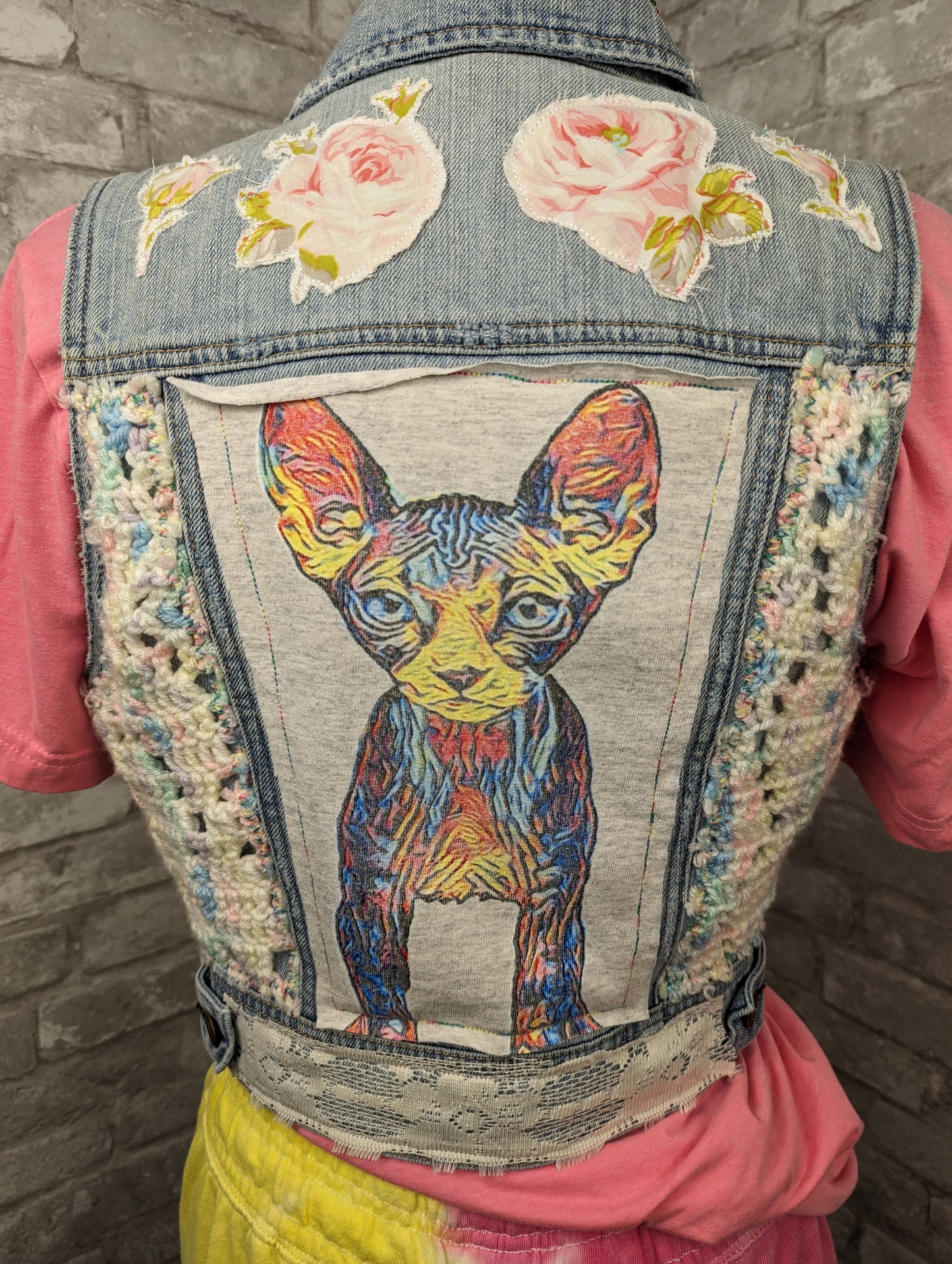 Upcycle by Retrosmith Rainbow sphinx, crochet & vintage linen patch appliqués jean vest