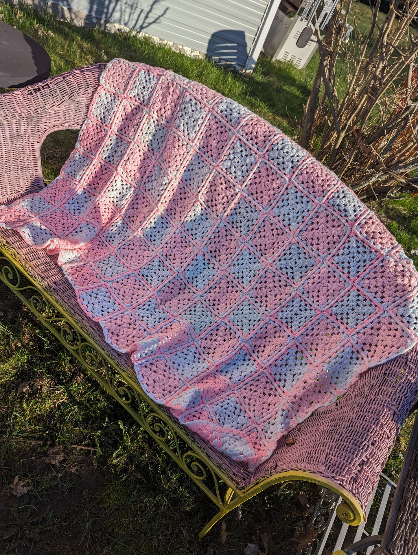 Vintage pink handknitted granny blanket throw