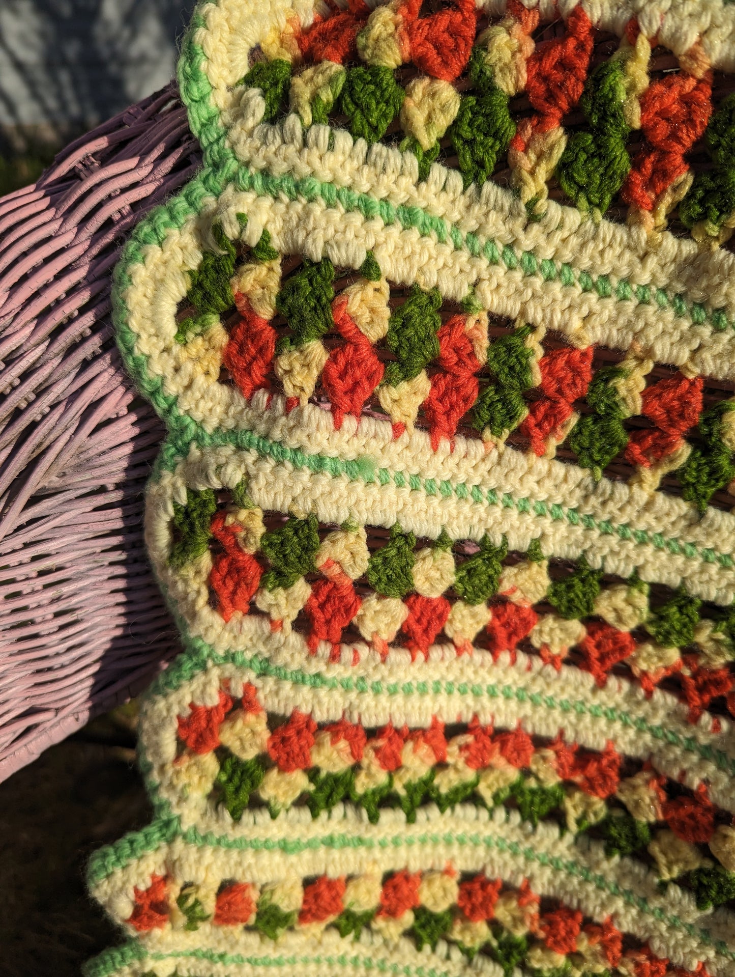 Vintage green and orange handknitted granny blanket