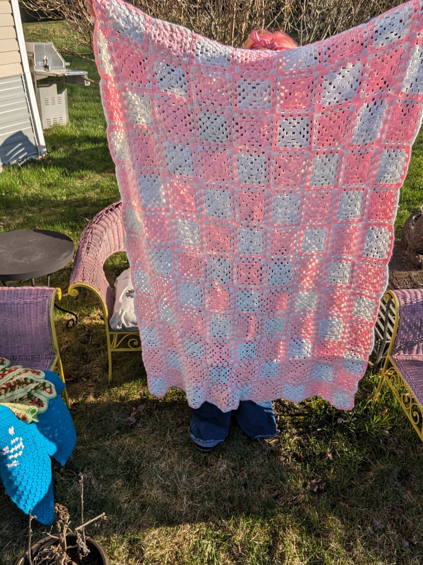 Vintage pink handknitted granny blanket throw