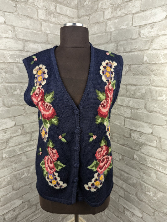 Vintage hand embroidered floral navy vest