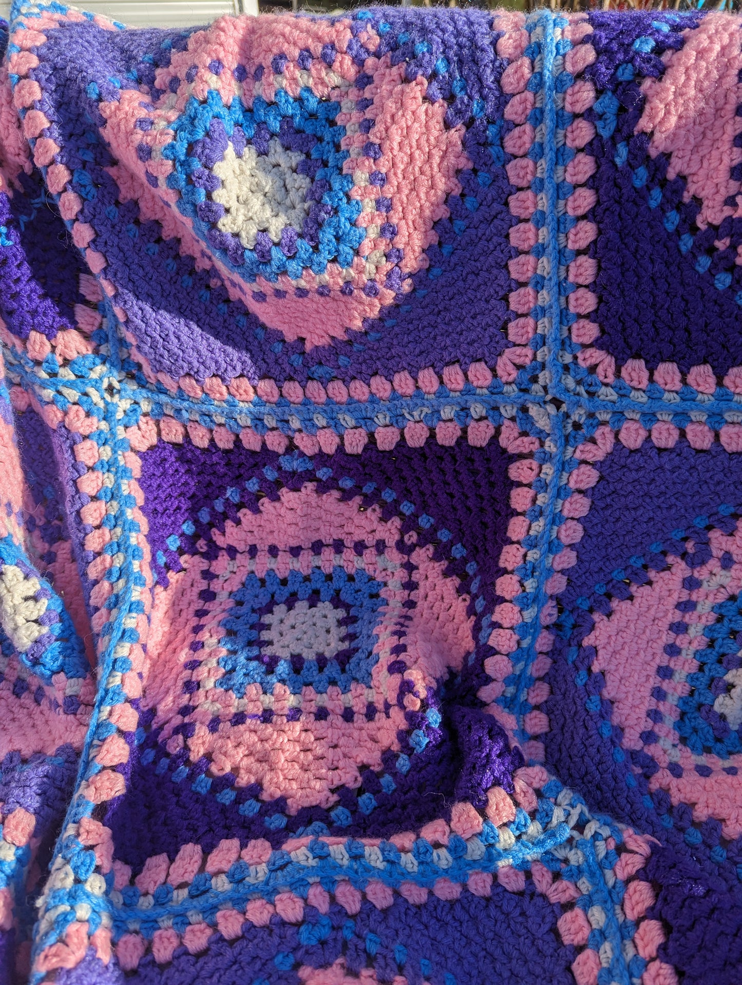 Vintage pink, purple and bright blue handknitted twin bed blanket