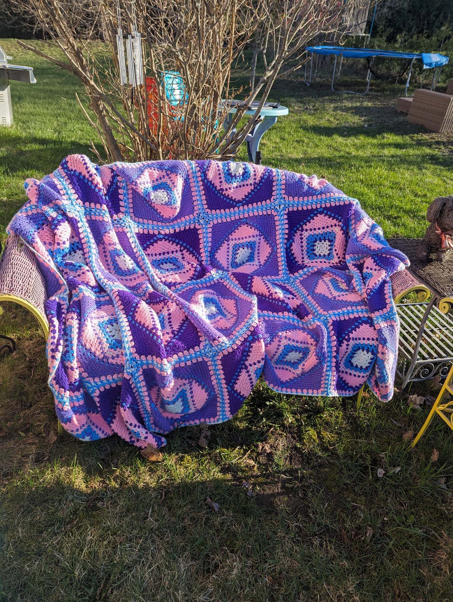 Vintage pink, purple and bright blue handknitted twin bed blanket