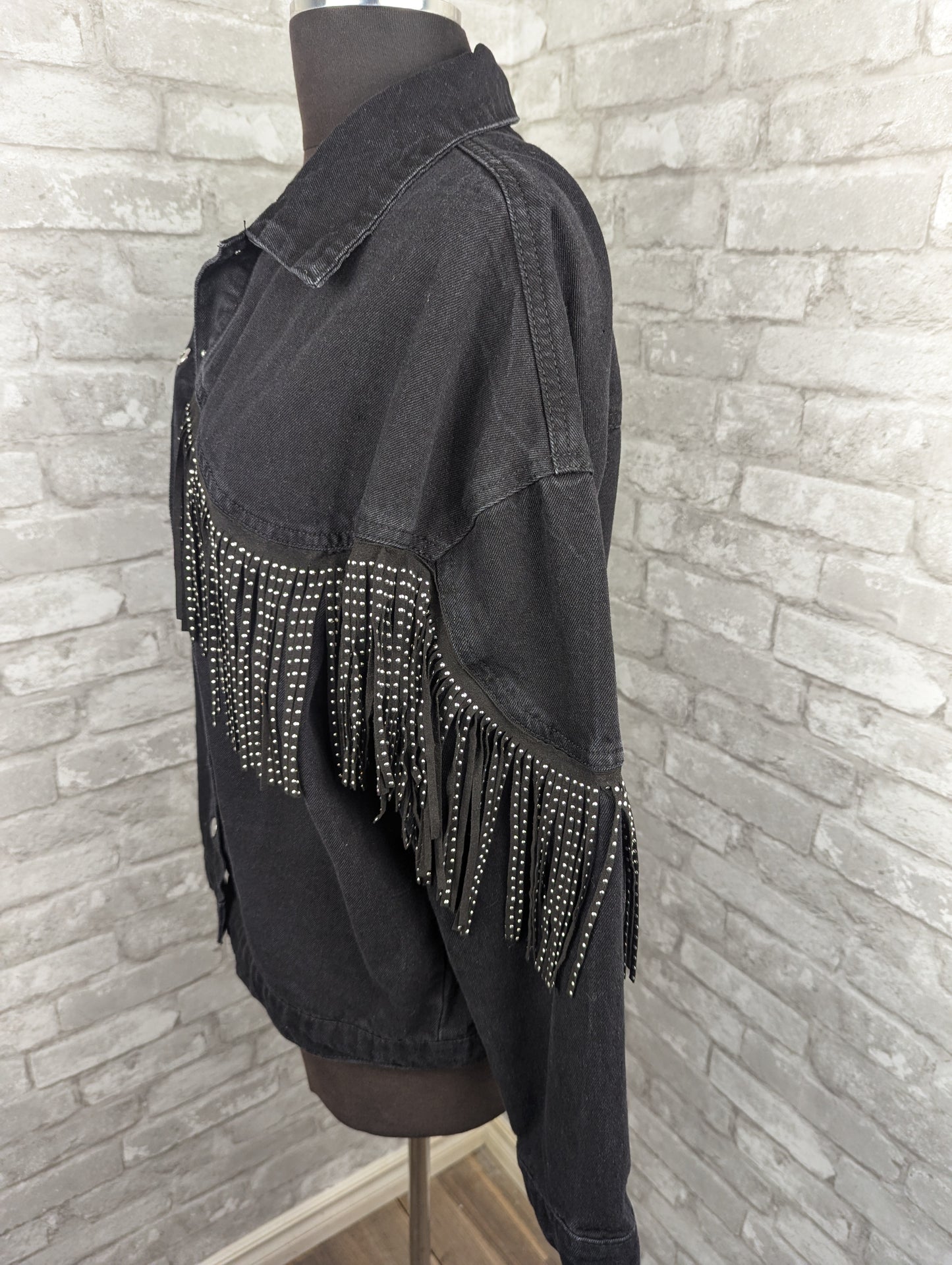 Black fringe jean jacket