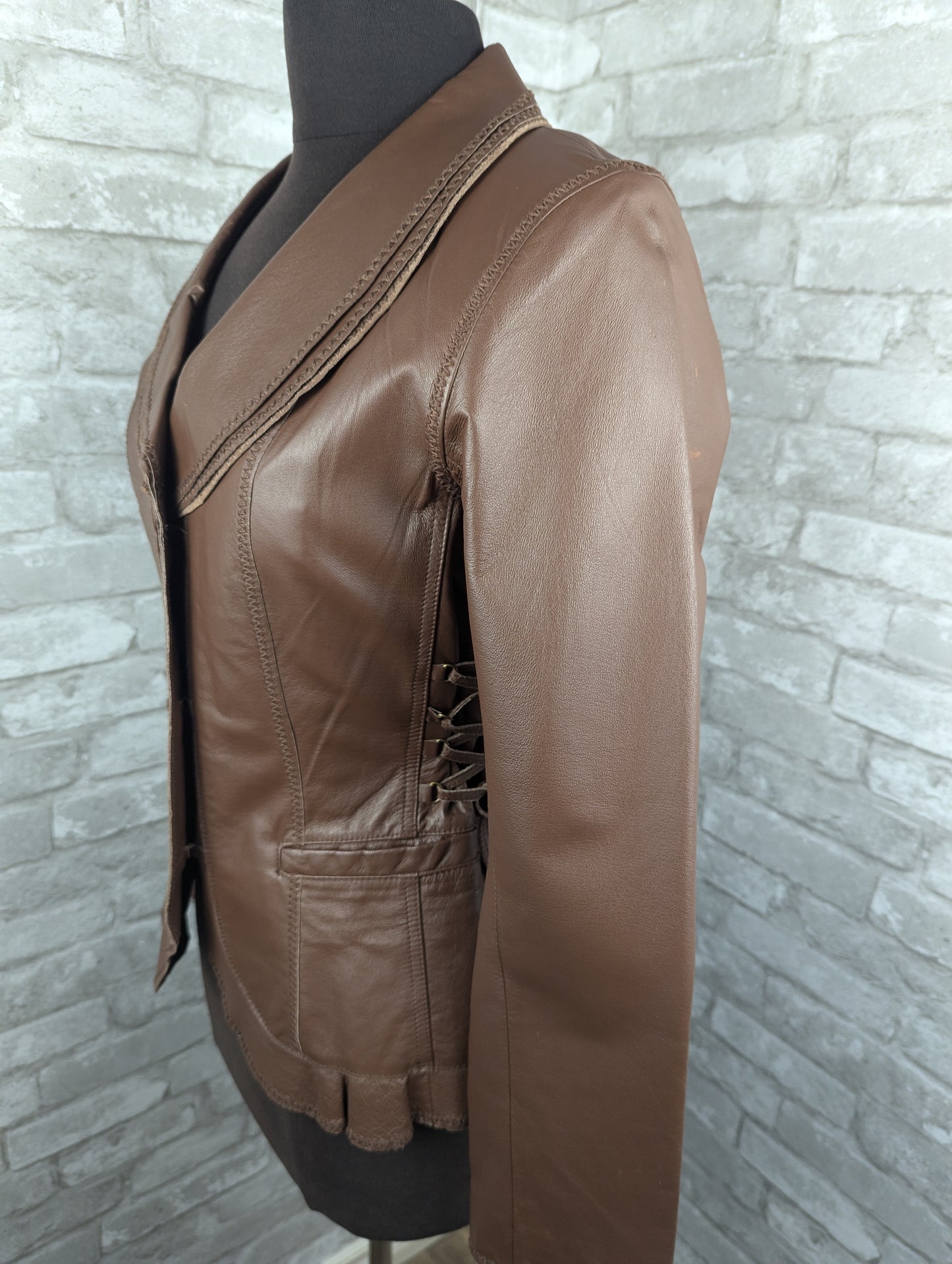 Vintage laced brown leather blazer jacket