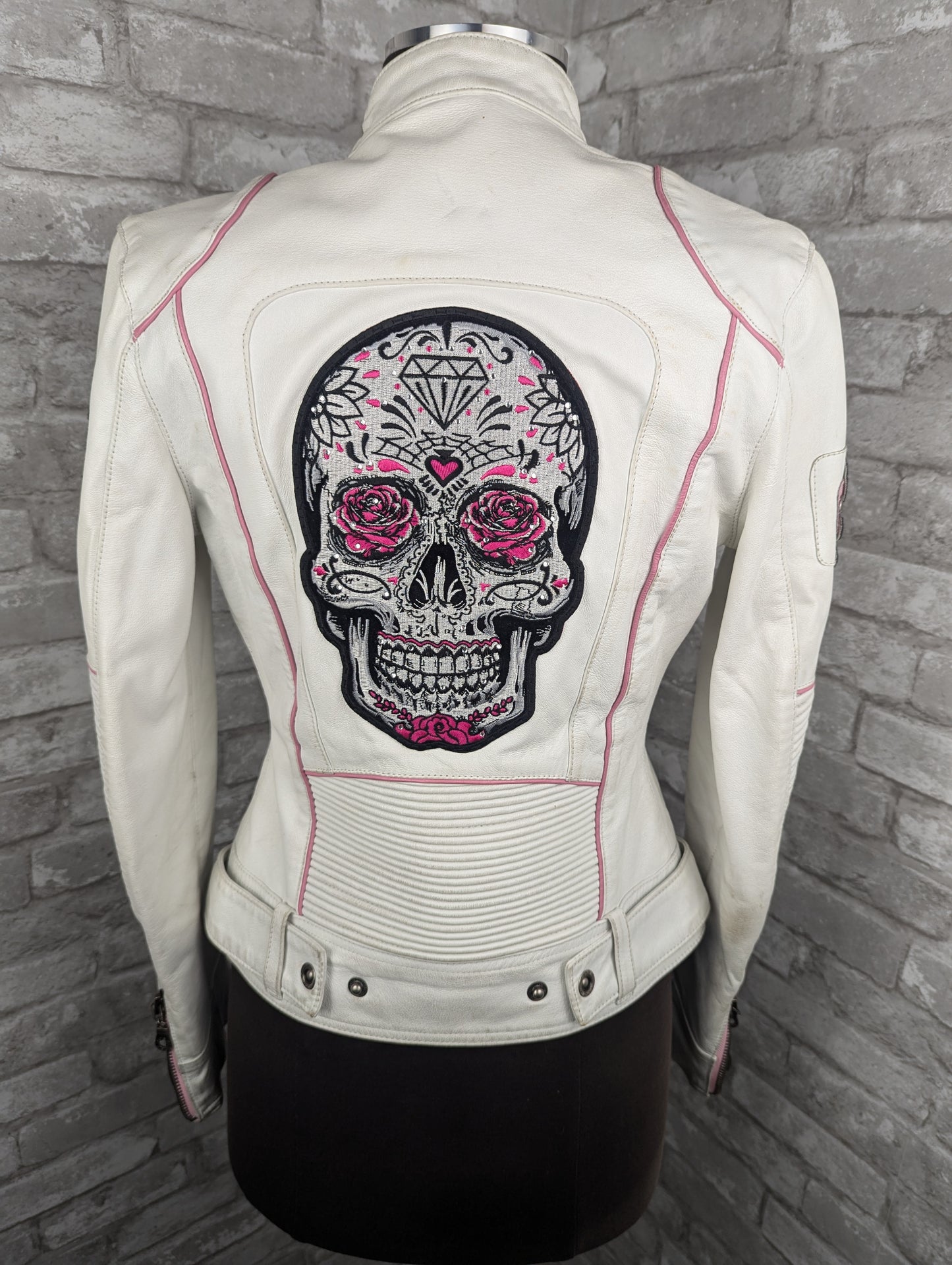 Vintage white with pink pipping motorcycle jacket