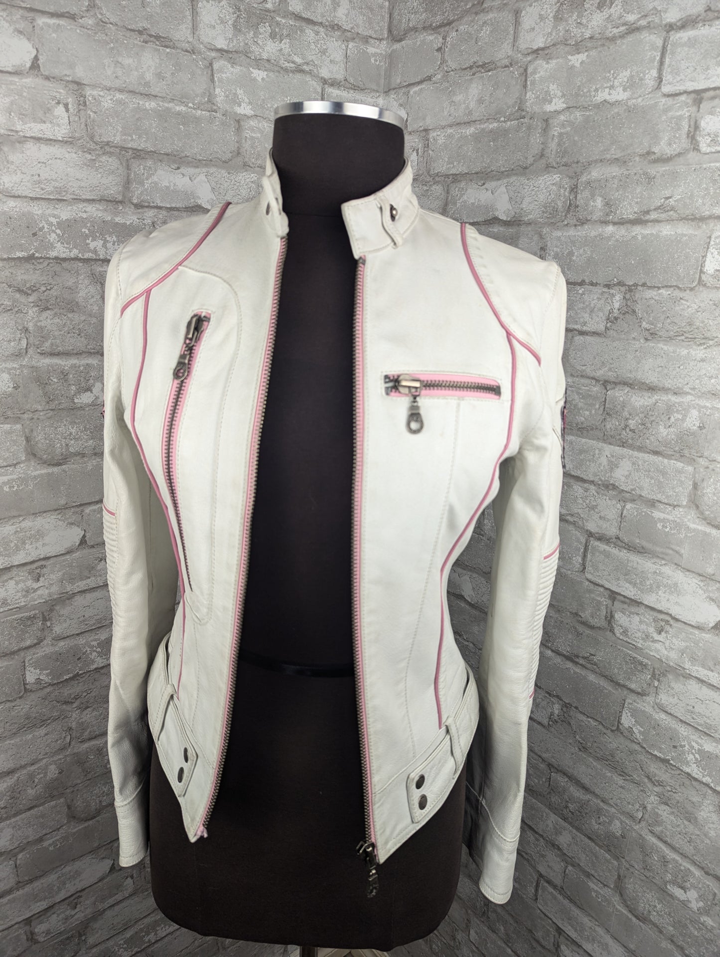 Vintage white with pink pipping motorcycle jacket