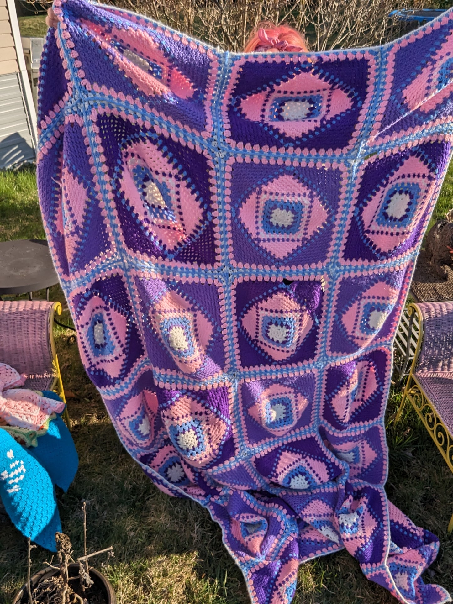 Vintage pink, purple and bright blue handknitted twin bed blanket