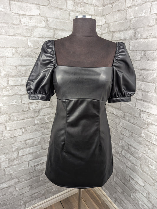 Vegan leather square neck puff sleeves laced back mini black dress