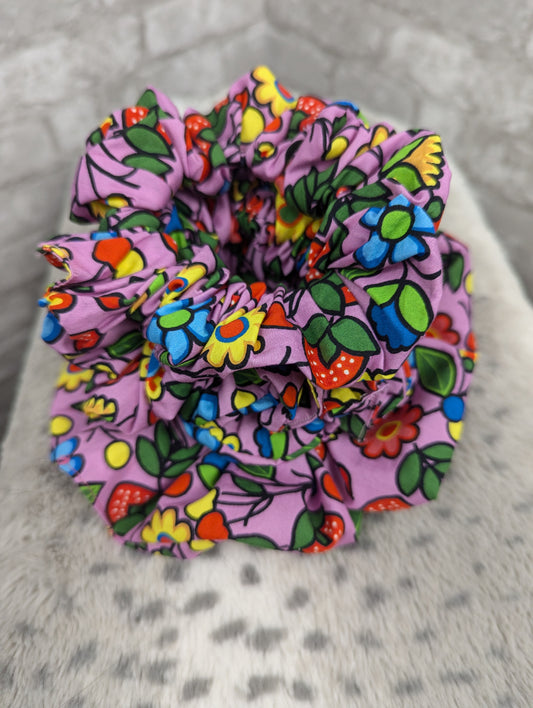 Pink floral strawberry field scrunchie