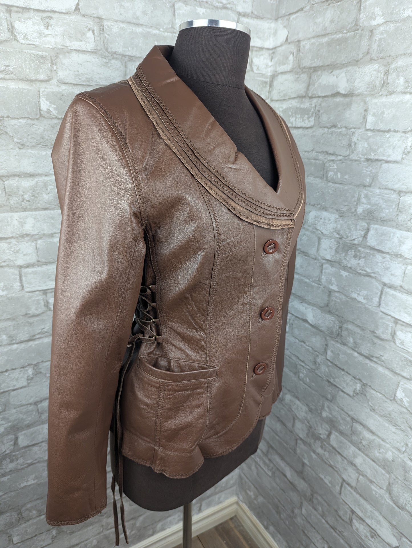 Vintage laced brown leather blazer jacket