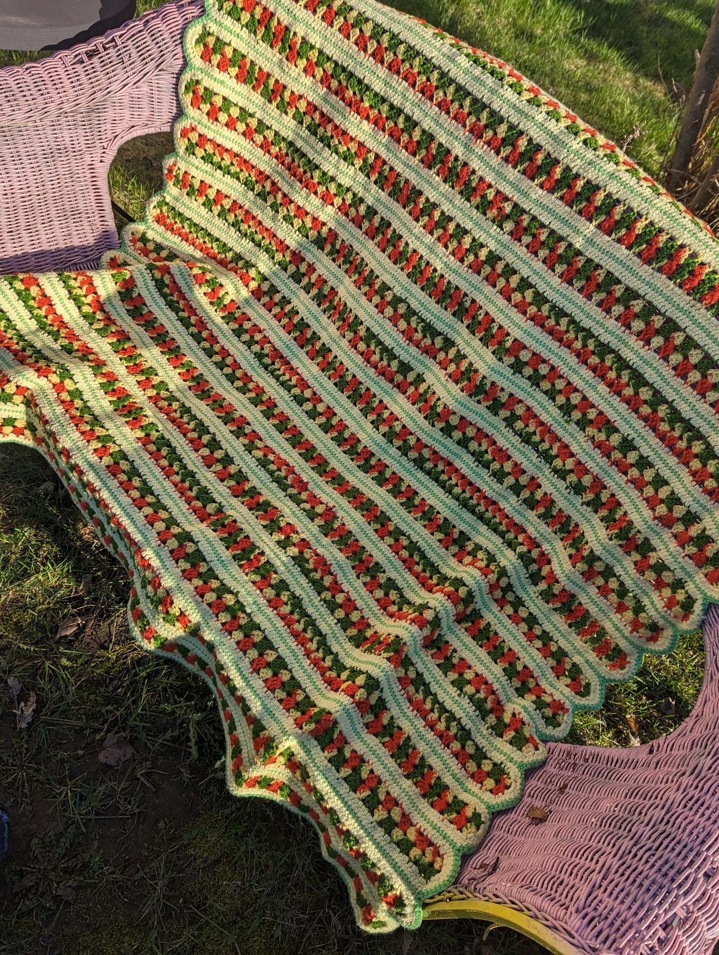 Vintage green and orange handknitted granny blanket