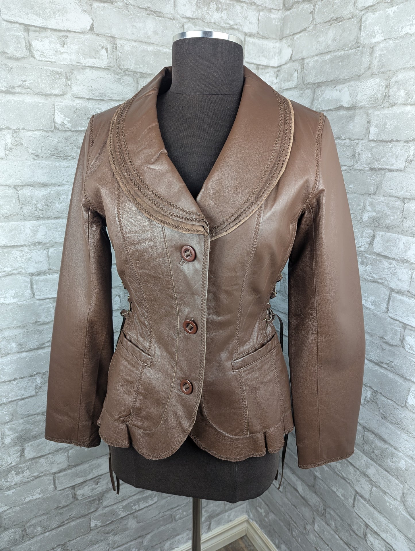 Vintage laced brown leather blazer jacket