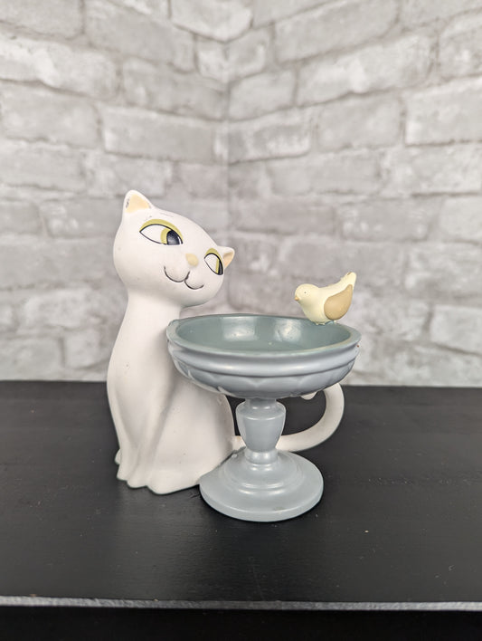 Partylite Garden Diva Holt Howard white cat & birdbath tea light candle holder